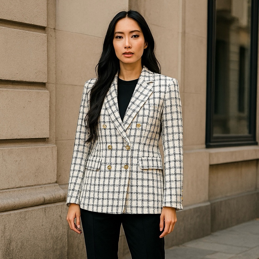 Nanette Lepore Double Breasted Windowpane Cream Tweed Plaid Blazer